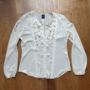 LOFT Sheer Ruffle Blouse, Ivory, Gold, Medium